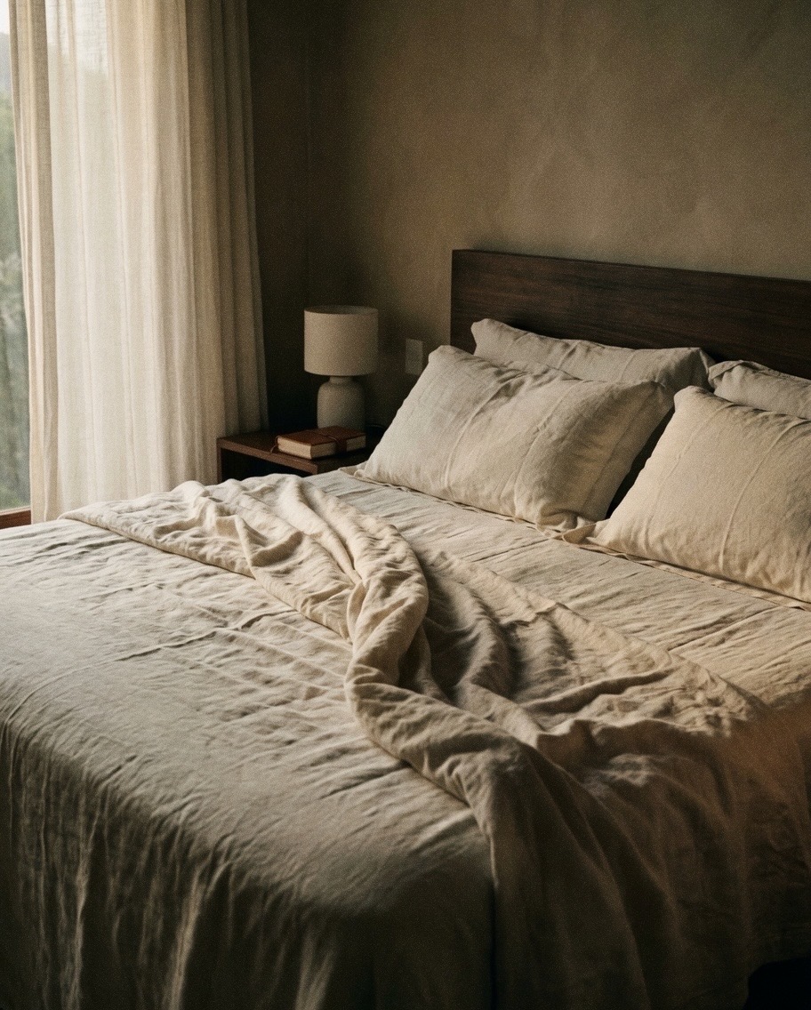 A linen-dressed bed at dusk with a softly lit lamp on a wooden bedside table